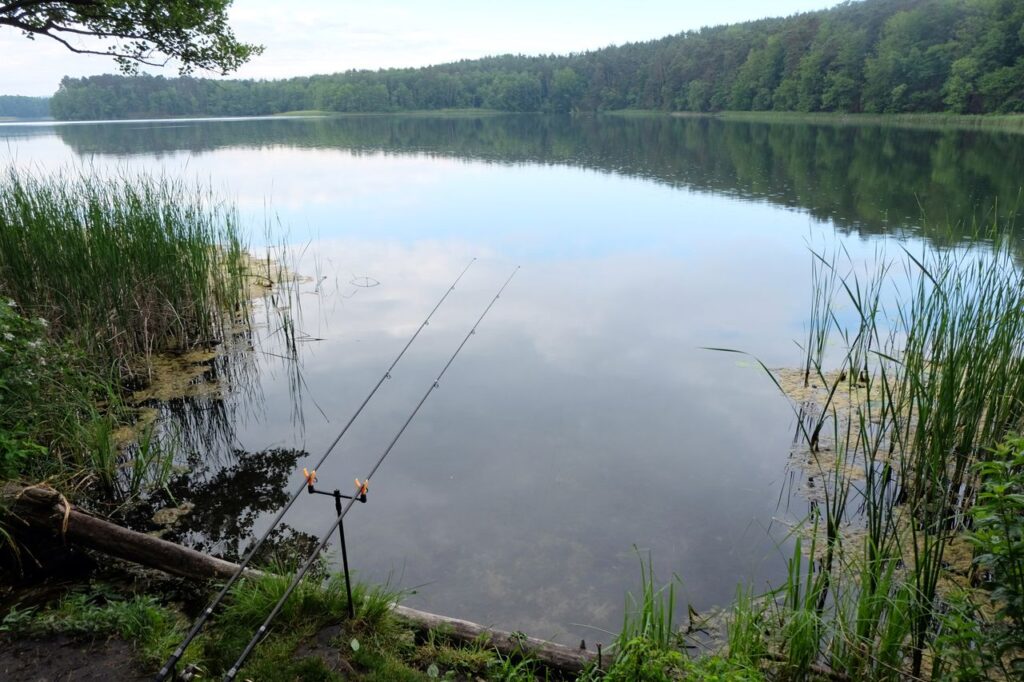 Tranquil lakeside view with fishing rods at Lubniewice, perfect for relaxation and nature lovers.